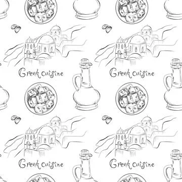 Vector seamless pattern line art elements - food, cuisine Stock Illustration