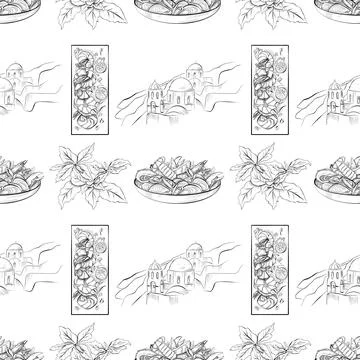 Vector seamless pattern line art elements - food, cuisine Stock Illustration