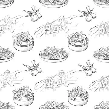 Vector seamless pattern line art elements - food, cuisine Stock Illustration