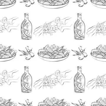 Vector seamless pattern line art elements - food, cuisine Illustrazione stock