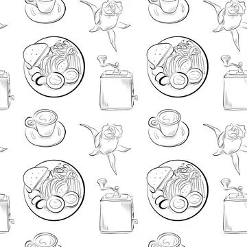 Vector seamless pattern line art elements - food, cuisine Illustrazione stock