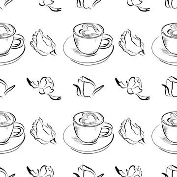 Vector seamless pattern line art elements - food, cuisine breakfast 스톡 일러스트