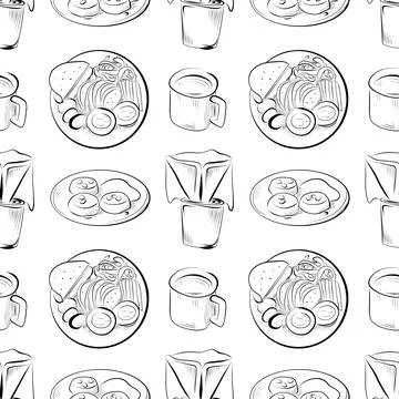 Vector seamless pattern line art elements - food, cuisine breakfast Illustrazione stock