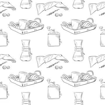Vector seamless pattern line art elements - food, cuisine breakfast Illustrazione stock