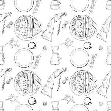 Vector seamless pattern line art elements - food, cuisine breakfast 스톡 일러스트