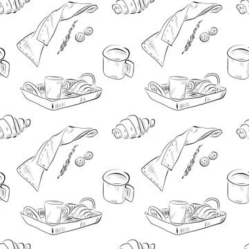 Vector seamless pattern line art elements - food, cuisine breakfast Stock Illustration
