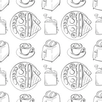 Vector seamless pattern line art elements - food, cuisine breakfast イラスト素材