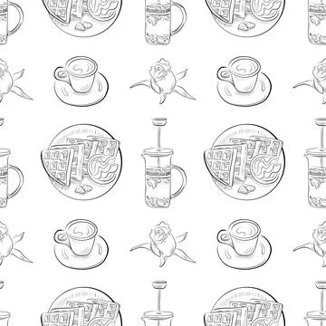 Vector seamless pattern line art elements - food, cuisine breakfast Stockillustratie