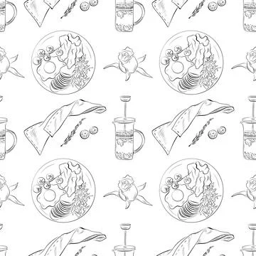 Vector seamless pattern line art elements - food, cuisine breakfast Stock Illustration