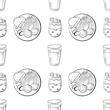 Vector seamless pattern line art elements - food, cuisine breakfast Stockillustratie
