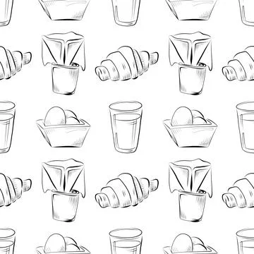 Vector seamless pattern line art elements - food, cuisine breakfast Stock Illustration