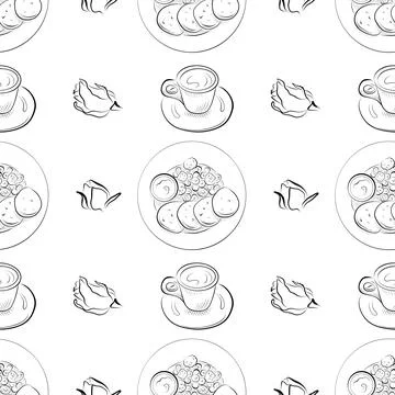 Vector seamless pattern line art elements - food, cuisine breakfast Stockillustratie