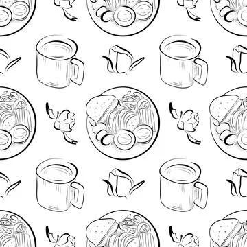 Vector seamless pattern line art elements - food, cuisine breakfast Stock Illustration