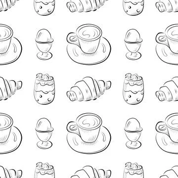 Vector seamless pattern line art elements - food, cuisine breakfast 스톡 일러스트