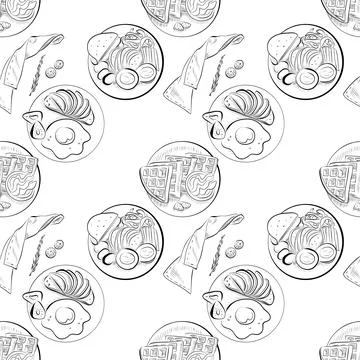 Vector seamless pattern line art elements - food, cuisine breakfast Illustrazione stock