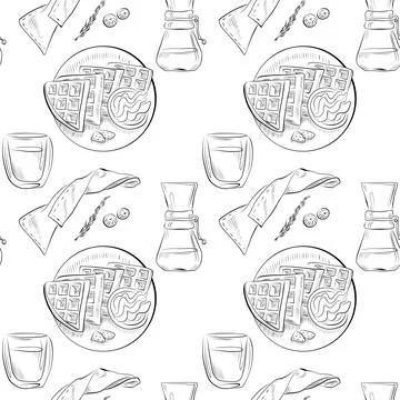 Vector seamless pattern line art elements - food, cuisine breakfast 스톡 일러스트