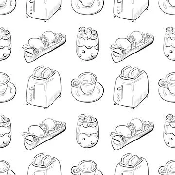 Vector seamless pattern line art elements - food, cuisine breakfast Stock Illustration