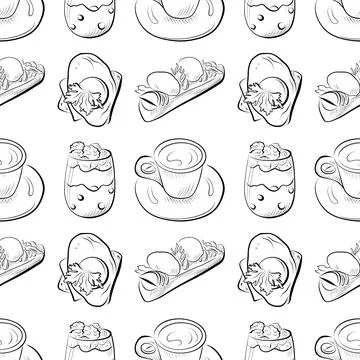 Vector seamless pattern line art elements - food, cuisine breakfast Stockillustratie
