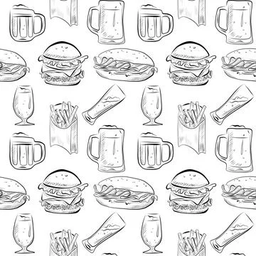 Vector seamless pattern line art elements beer bar Stock Illustration