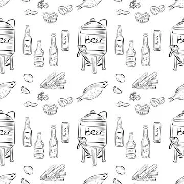Vector seamless pattern line art elements beer bar Stock Illustration