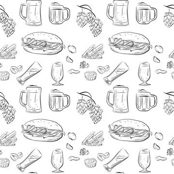 Vector seamless pattern line art elements beer bar Stock Illustration