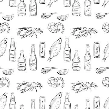 Vector seamless pattern line art elements beer bar Stock Illustration