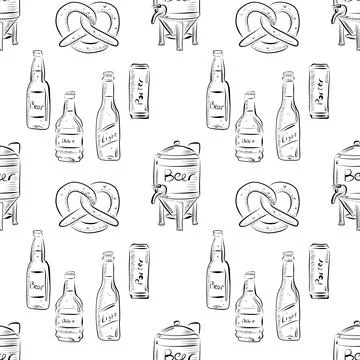 Vector seamless pattern line art elements beer bar Stock Illustration