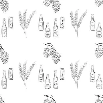 Vector seamless pattern line art elements beer bar Stock Illustration