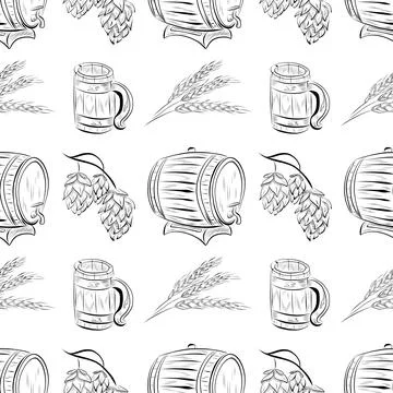 Vector seamless pattern line art elements beer bar Stock Illustration