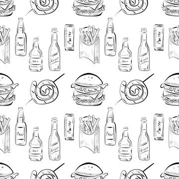 Vector seamless pattern line art elements beer bar Stock Illustration