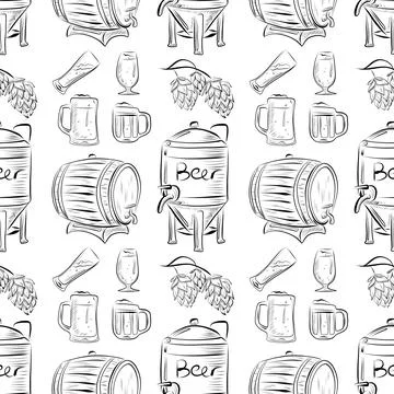 Vector seamless pattern line art elements beer bar Stock Illustration