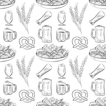 Vector seamless pattern line art elements beer bar Stock Illustration