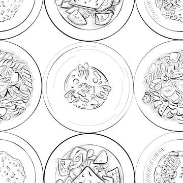 Vector seamless pattern line art elements - food, cuisine Stock Illustration