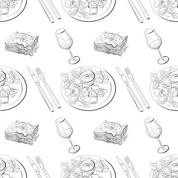 Vector seamless pattern line art elements - food, cuisine Illustrazione stock
