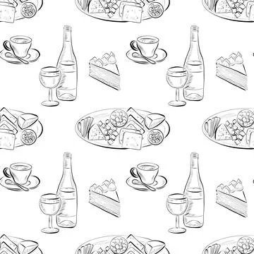 Vector seamless pattern line art elements - food, cuisine Illustrazione stock