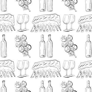 Vector seamless pattern line art elements - food, cuisine Stock Illustration