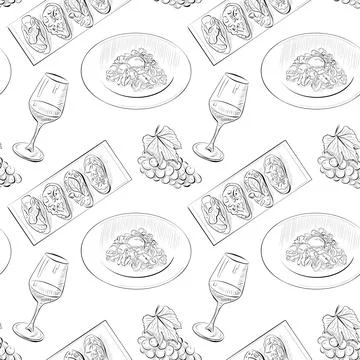 Vector seamless pattern line art elements - food, cuisine Stock Illustration