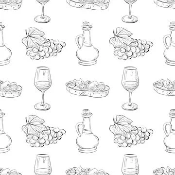 Vector seamless pattern line art elements - food, cuisine 스톡 일러스트