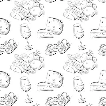 Vector seamless pattern line art elements - food, cuisine Stock Illustration