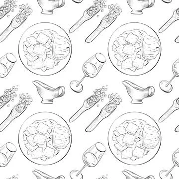 Vector seamless pattern line art elements - food, cuisine Stock Illustration