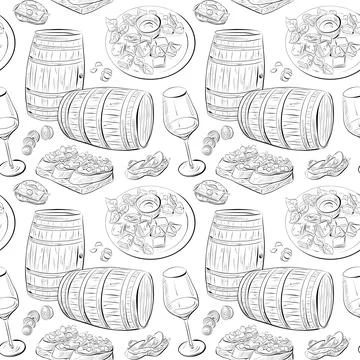 Vector seamless pattern line art elements - food, cuisine Stockillustratie