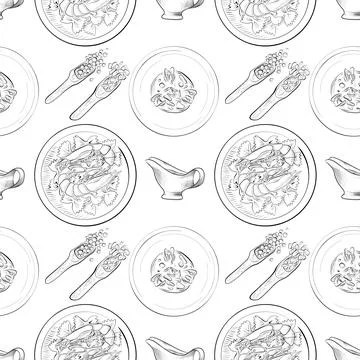 Vector seamless pattern line art elements - food, cuisine Stockillustratie