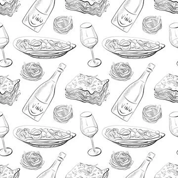 Vector seamless pattern line art elements - food, cuisine Stock Illustration