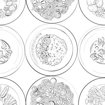 Vector seamless pattern line art elements - food, cuisine 스톡 일러스트