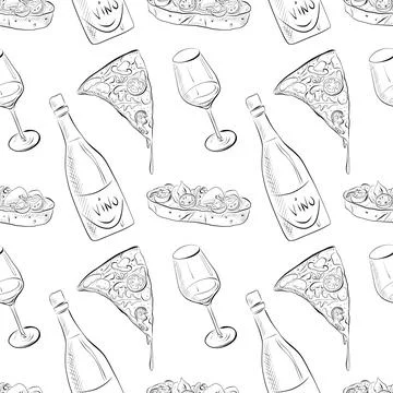 Vector seamless pattern line art elements - food, cuisine Stock Illustration