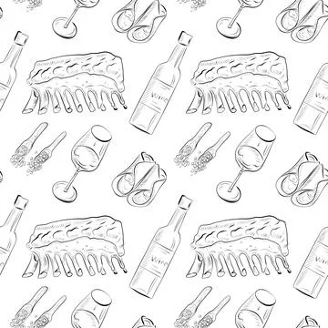 Vector seamless pattern line art elements - food, cuisine Stock Illustration