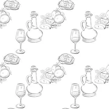 Vector seamless pattern line art elements - food, cuisine Stock Illustration