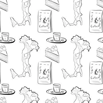Vector seamless pattern line art elements - food, cuisine Stockillustratie