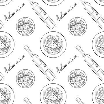 Vector seamless pattern line art elements - food, cuisine Illustrazione stock