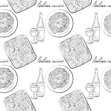 Vector seamless pattern line art elements - food, cuisine Stock Illustration